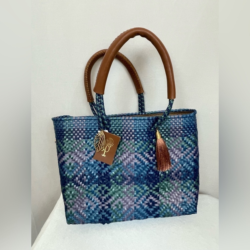 Blue and Brown Woven plastic Handbag with canvas cross body strap